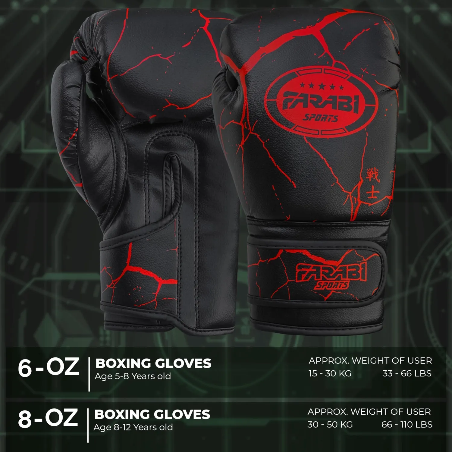 Farabi Warrior Guanti Boxe Bambini Nero 6 oz pelle sintetica