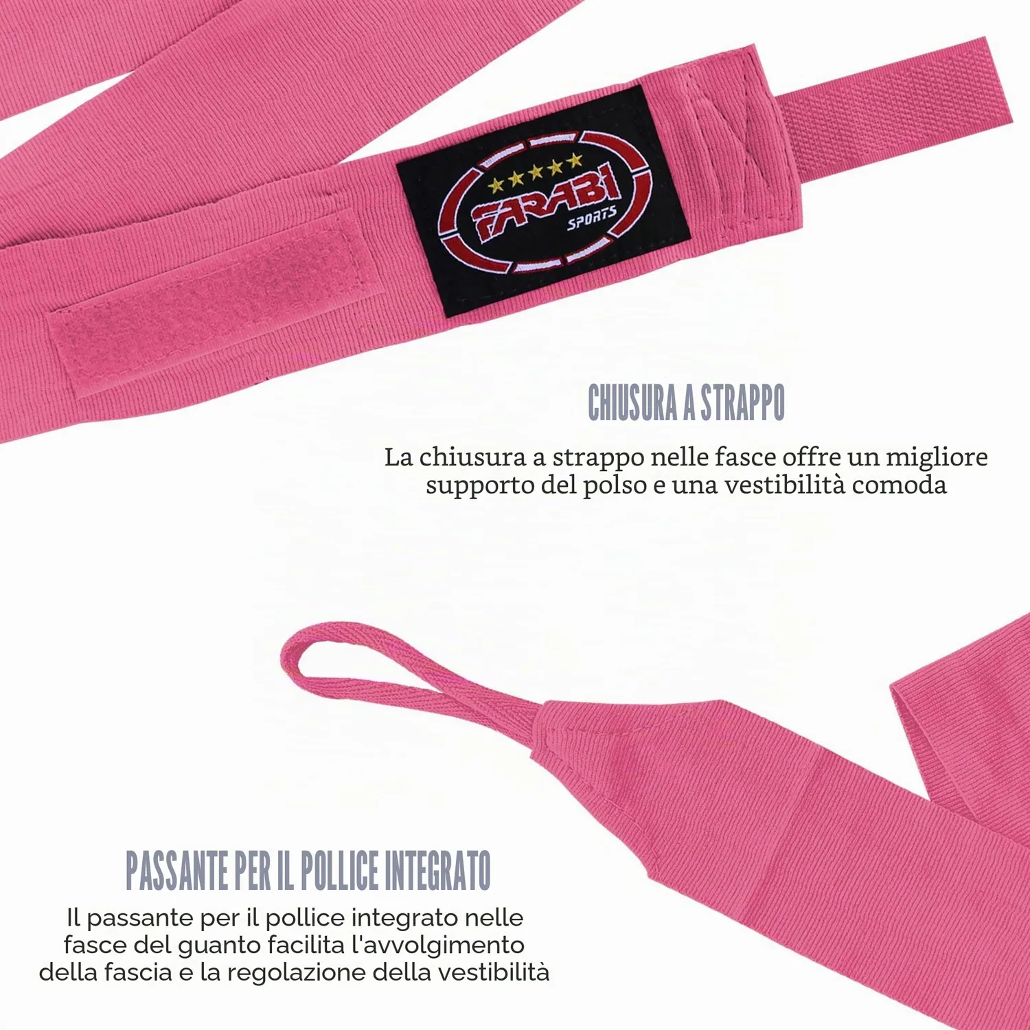 Farabi bendaggi boxe bambini rosa 2,5 m elasticizzati