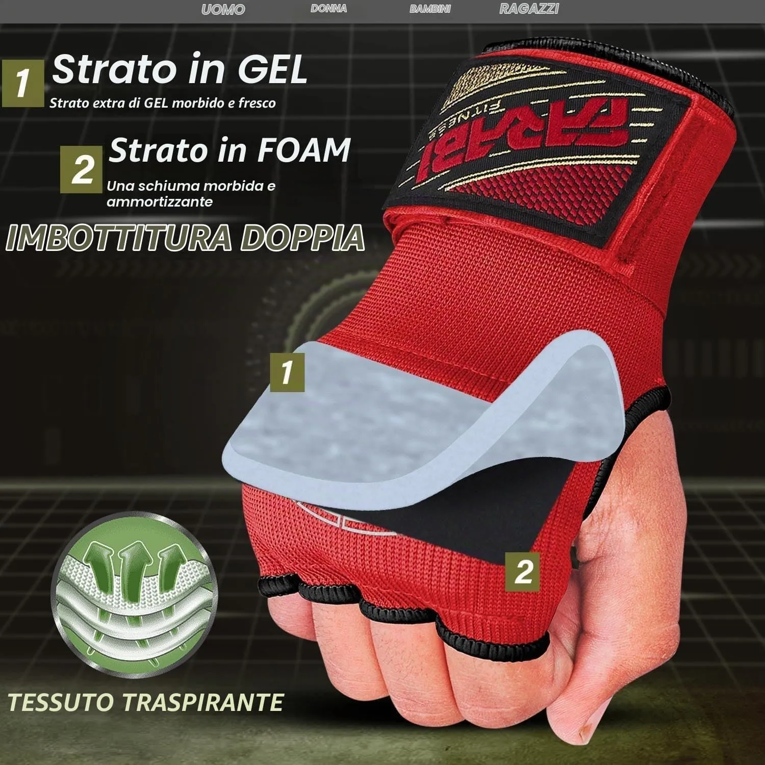 Farabi sottoguanti boxe bambini rossi in gel veloci