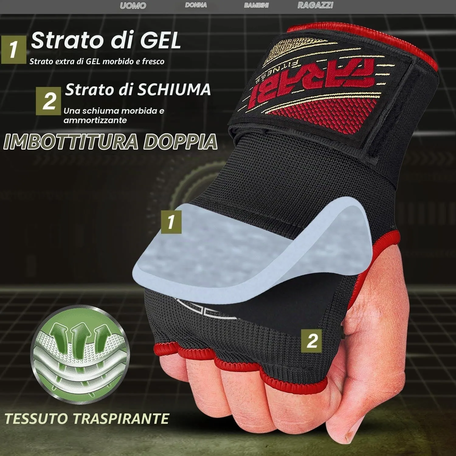 Farabi Sottoguanti Boxe Gel Nero Protezione Polso