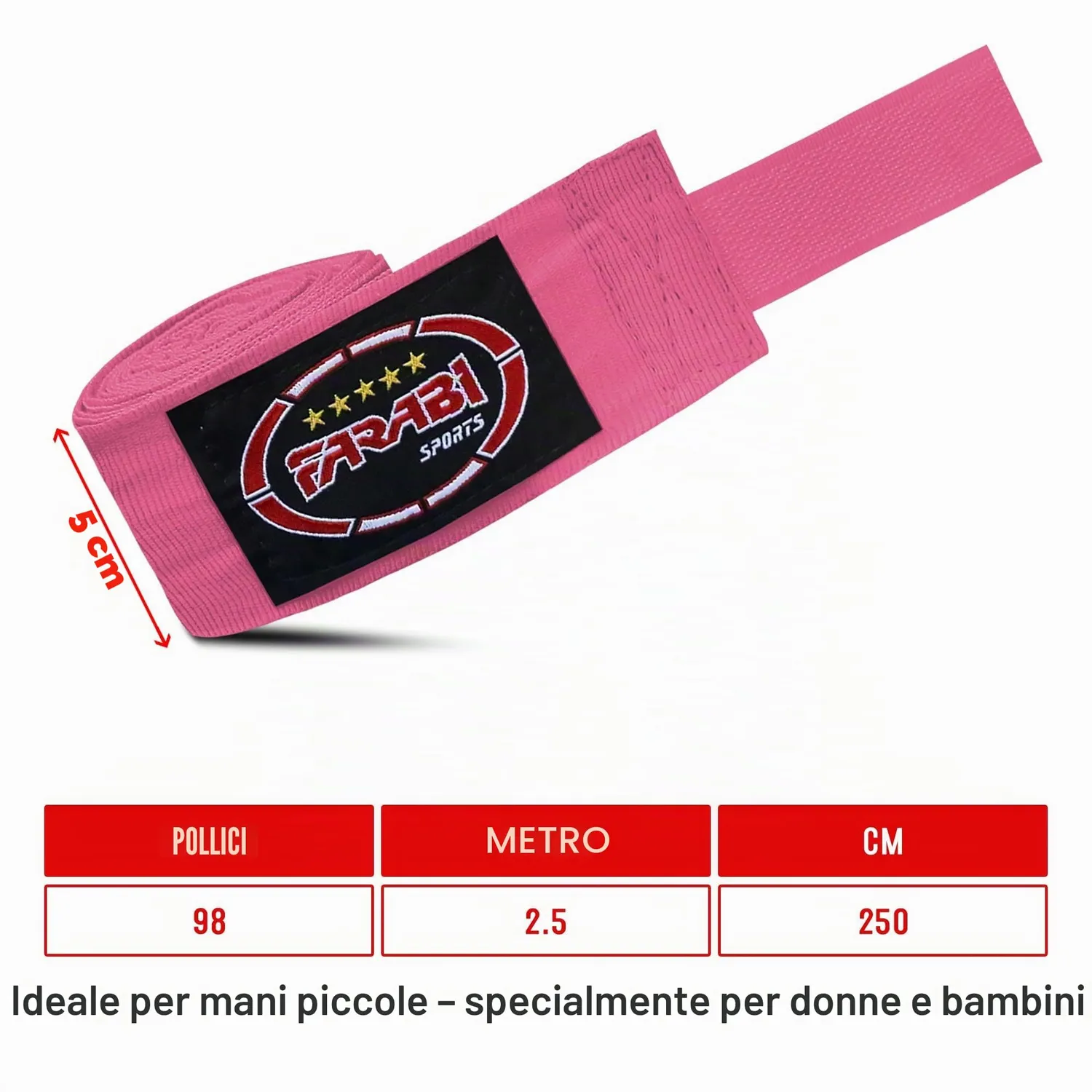 Farabi bendaggi boxe bambini rosa 2,5 m elasticizzati